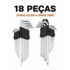 Kit Profissional Chave Allen e Torx 18 Peças Aço Cromo Vanádio Alta Resistência com Suporte Organizador