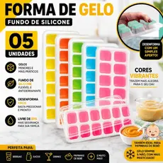 Kit 05 ou 03 Formas de Gelo Silicone com Tampa Rígida Flexível Fundo 14 Cubos Retangular Multiuso Lavável