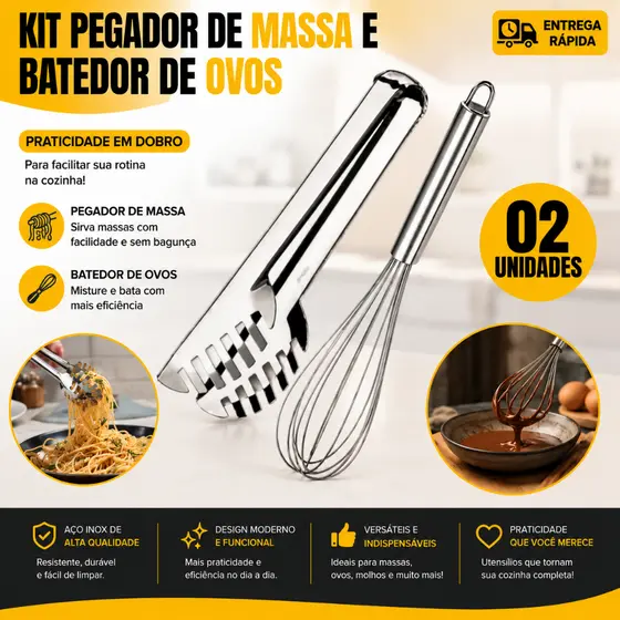 Kit Pegador de Massa + Fouet Batedor de Ovos Inox Utensílios de Cozinha