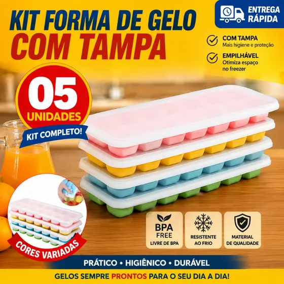 Kit 5 ou 3 Forma de Gelo Silicone com Tampa Rígida Flexível Fundo 14 Cubos Retangular Multiuso Lavável