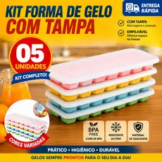 Kit 5 ou 3 Forma de Gelo Silicone com Tampa Rígida Flexível Fundo 14 Cubos Retangular Multiuso Lavável