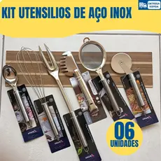 Utensílios de Cozinha Inox 6 Unidades Pegador Massa Garfo Grande Batedor Ovo Colher Sorvete Peneira Cortador Pizza
