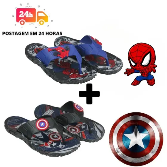 Kit 2 Chinelos Masculino Infantil Personagens Desenho Homem Aranha e Capitão America Confortável Macio Leve 25 ao 32