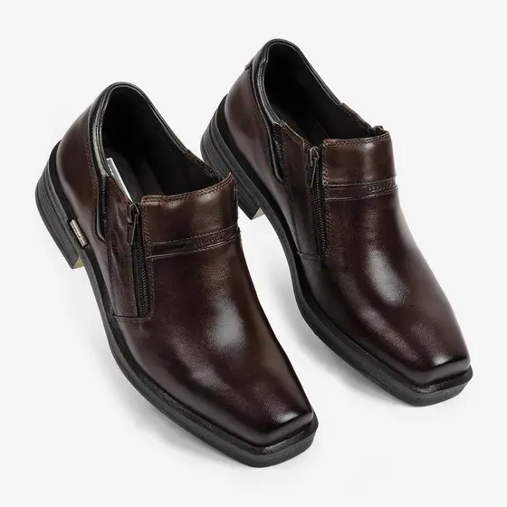 Sapato Social Masculino Ferracini Couro Legitimo Zíper Lateral Bico Quadrado Urban Way Marrom 6629D