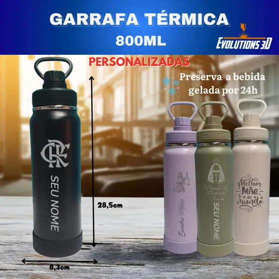 Garrafa Térmica 600 ou 800ml  Personalizada  a LASER, Com Protetor de SIlicone
