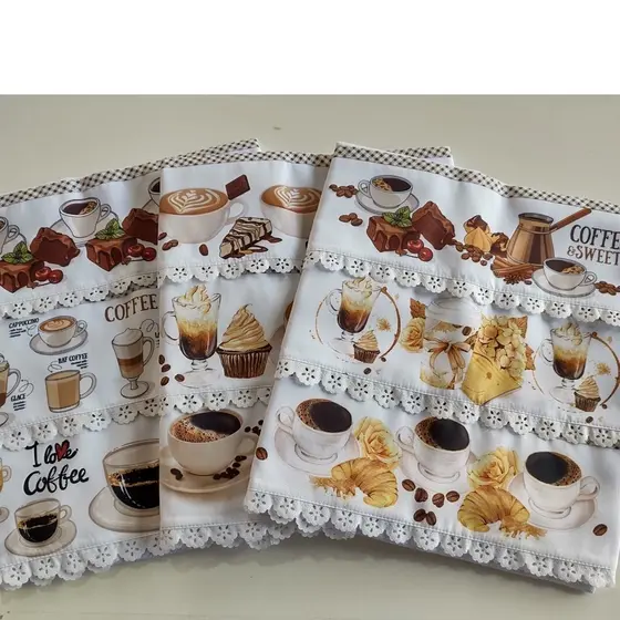 Panos de prato com barra estampada 3D tema CAFÉ 100% algodão KIT COM 3 Panos de copa Grandes