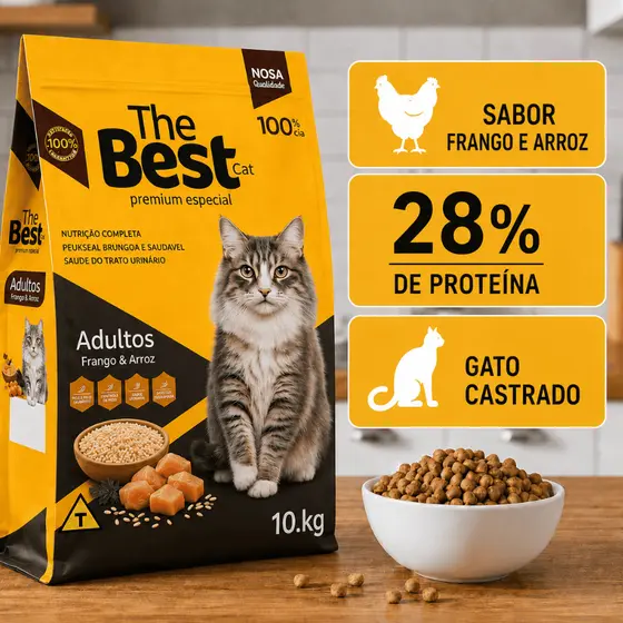 Ração Para Gatos Adultos The Best 10,1kg Sabor Frango e Arroz Nutrição Completa
