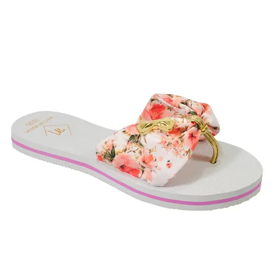Chinelo Sandália Moreik Feminina Laço Pano Tecido Estampado Moda Borracha Antiderrapante Rasteirinha Confortável Floral