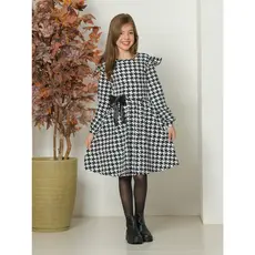 Vestido Com Estampa Pied De Poule De Laço Frontal Para Meninas Jovens
