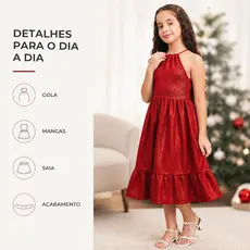 Vestido Infantil Feminino Vermelho Brilhante – Moda Infantil Elegante Tendência Natal Confortável e Charmoso Tam 10 a 16