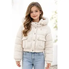 Jaqueta Cropped Infantil Feminina Inverno com Capuz Removível Peluciado Casaco Cotelê Moda InfantiL