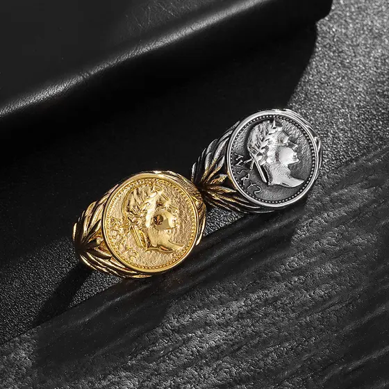 Vintage Roman Empire Julius César Men's Stainless Steel Titanium Finger Ring With Electrolytic Coin Hip Hop Jewellery