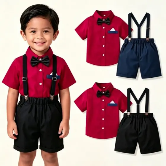Roupa Infantil Para Meninos Camisa Polo Borgonha Gravata Borboleta Suspender Shorts Conjunto De Manga Curta Roupas Verme