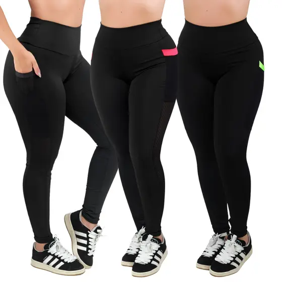 1, 2 ou 3 Calça Legging Feminina De Academia Com Bolso Lateral Cintura Alta Fitness Zero Transparência