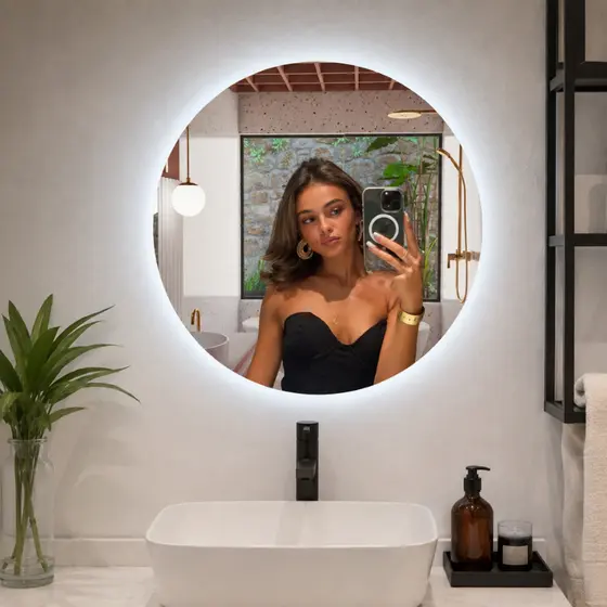 Espelho Redondo 40cm Iluminado Led 6000k Frio Touch Screen-luz Indireta
