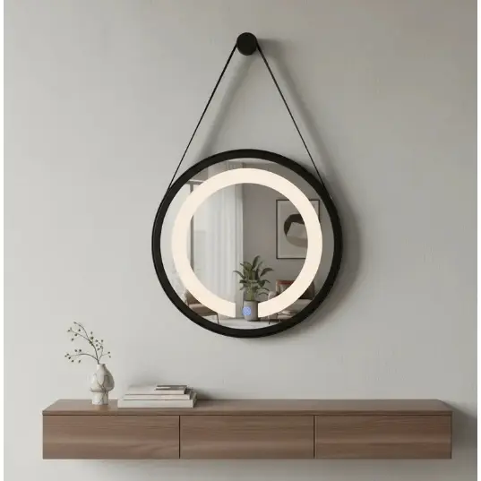 Espelho Redondo Adnet Iluminado Led 6000k Touch Screen Com Alça 40cm  + Suporte Preto Com Alça Preta