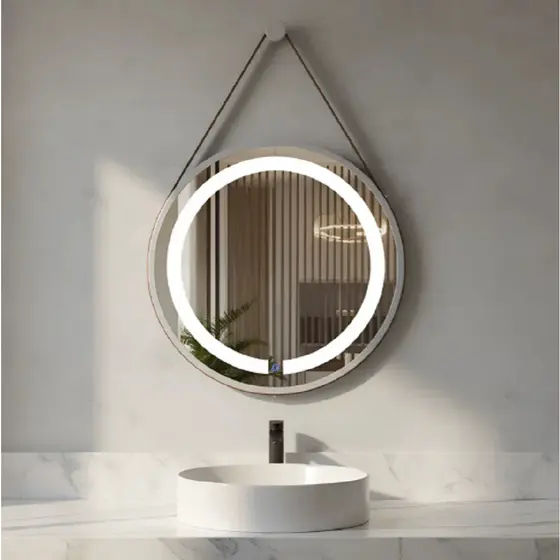 Espelho Redondo Adnet Iluminado Led 6000k Touch Com Alça 40cm  + Suporte Branco Com Alça Caramelo