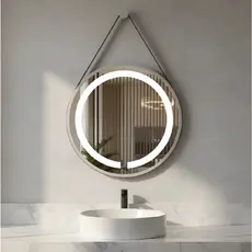 Espelho Redondo Adnet Iluminado Led 6000k Touch Com Alça 40cm  + Suporte Branco Com Alça Caramelo