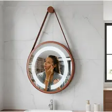 Espelho Redondo Adnet Iluminado Led 6000k Touch Com Alça 40cm  + Suporte Cobre Com Alça Caramelo
