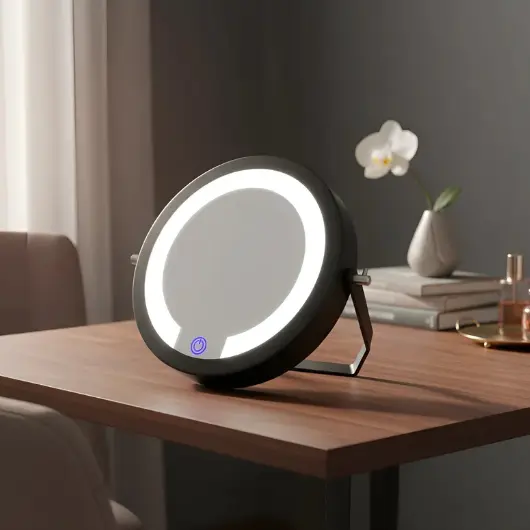 Espelho De Mesa Redondo Preto Com Led - Touch Screen - 30cm - Maquiagem