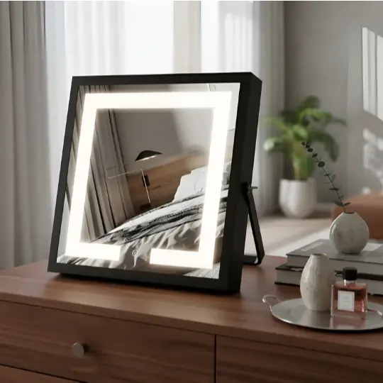 Espelho De Mesa Quadrado Com Led - Touch - 28cm - Maquiagem Preto