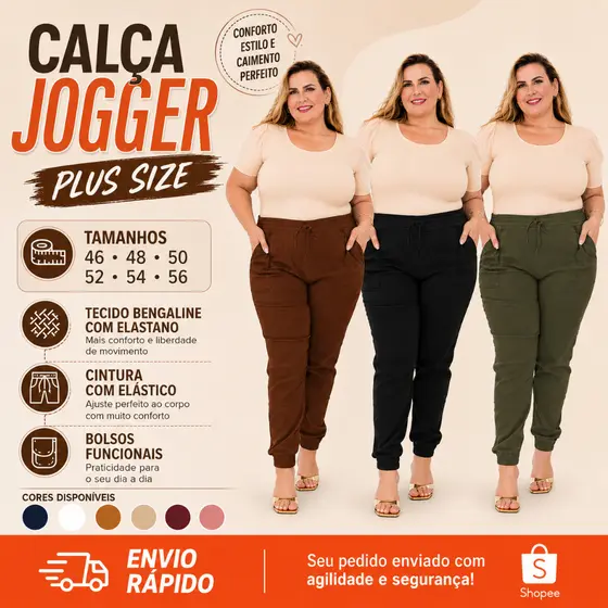 CALÇA PLUS SIZE FEMININA BENGALINE MODELO JOGGER