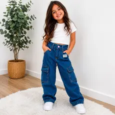 Calça Jeans Cargo infantil Wide Leg Premium Moda Kids Estilo Gringa Blogueirinha Confortável