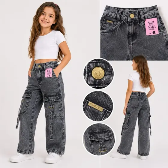 Calça Cargo Wide Leg Infantil e juvenil 🔥 Moderna com Regulador e Super Confortável
