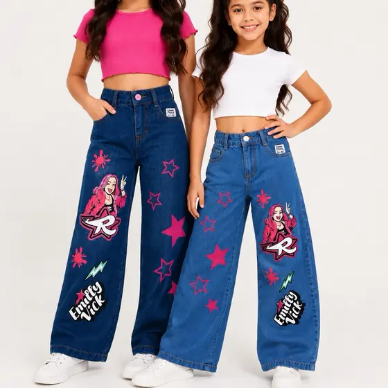 Calça Wide Leg Jeans Infantil Juvenil Emilly Vick com Regulagem na Cintura Tam 4 ao 16 Promoção