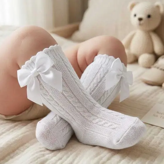 Meia Infantil Menina Kids Com Laço 3/4 Até o Joelho Para Festas Formatura e Batizado