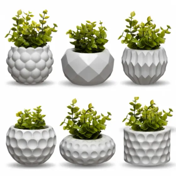 Conjunto decorativo com 6 vasos incluso planta artificial para decoração sala quarto banheiro lavabo