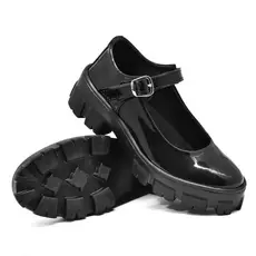 Sapato Mary Jane Feminino Tratorado Sapatilha Boneca Preto Verniz