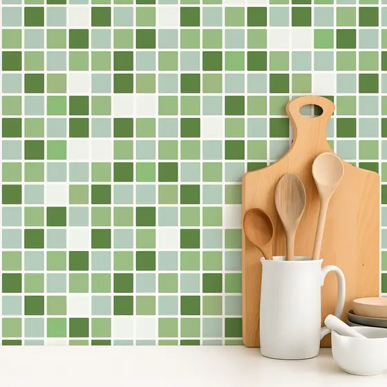 Papel de Parede Adesivo Lavável Pastilhas Azulejo Para Cozinha e Banheiro Quadrado Verde Com Cinza