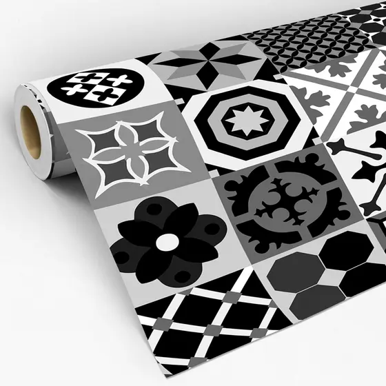 Papel De Parede Adesivo Para Cozinha Azulejo Ladrilho E Pia Retrô Portugal Mosaico Preto  Lavável