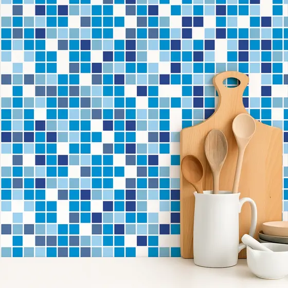 Papel de Parede Adesivo Lavável Com Estampa De Pastilhas Azulejo Para Cozinha e Banheiro