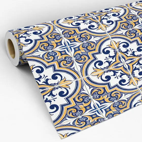 Papel De Parede Adesivo Para Cozinha Azulejo Ladrilho Retrô Mosaico Desenho Azul Com Amarelo Lavável