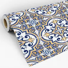 Papel De Parede Adesivo Para Cozinha Azulejo Ladrilho Retrô Mosaico Desenho Azul Com Amarelo Lavável