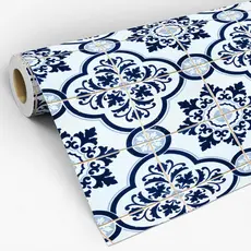 Papel De Parede Adesivo Para Cozinha Azulejo Ladrilho Retrô Mosaico Desenho Azul E Branco Lavável 3D