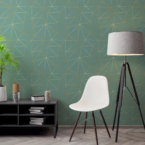 Papel de Parede Adesivo Zara Verde Clara Musgo com Linhas Golden Ouro Lavável - Pro Decor