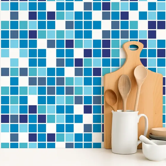 Papel de Parede Adesivo Pastilhas Piso Azul Tons azulado Adesivo Lavável Banheiro 3 Metros