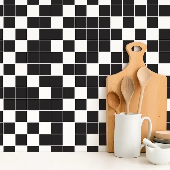 Papel de Parede Adesivo Lavável Decoração Pastilhas Azulejo Para Cozinha Preto Com Branco Xadrez