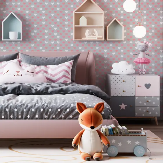 Papel De Parede Adesivo Corações Rosa e Branco Fundo Cinza Adesivo Lavável Quarto de Menina - Pro Decor