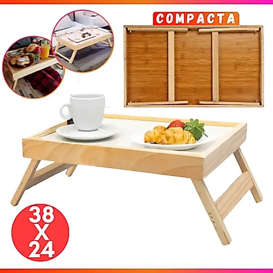 BANDEJA MESA PEZINHO PARA SERVIR CAFÉ DA MANHÃ NA CAMA OU SOFÁ COM PÉS DOBRÁVEIS, MADEIRA
