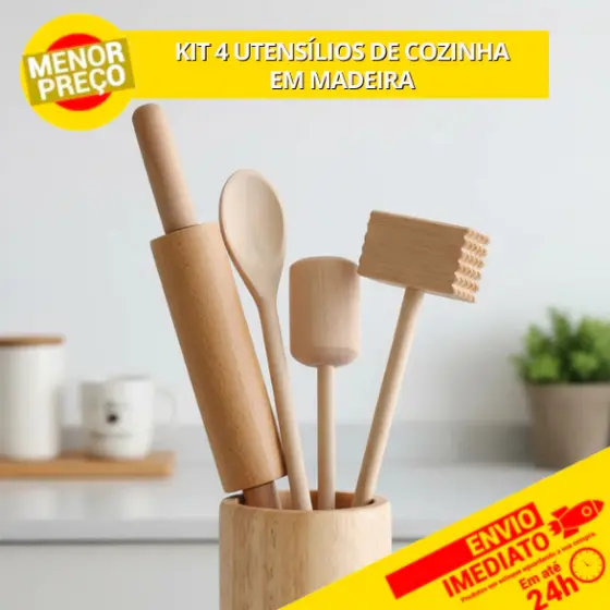 Utensílios em Madeira 4pçs Cozinha Colher de Pau, Rolo de Massa, Batedor de Bife, Socador de Feijão