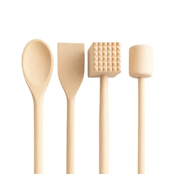 UTENSÍLIOS DE COZINHA 4PÇS COLHER DE PAU, MARTELO DE BIFE, SOCADOR DE FEIJÃO COZINHA, CARNE, PANELA