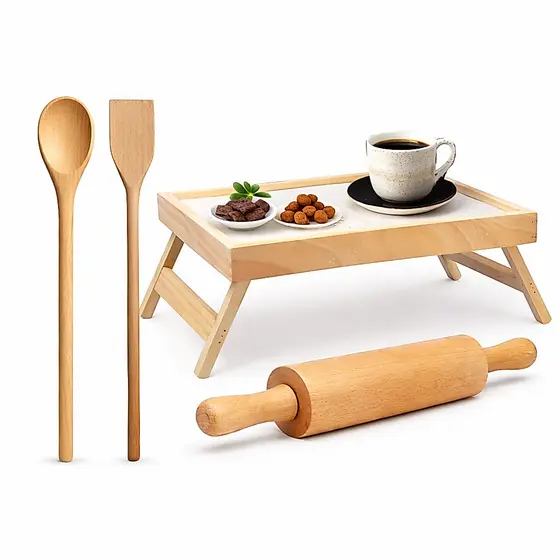 KIT Cozinha em Madeira Rolo de Massa, Colher de Pau, Colher pá tipo Remo e Mesa Bandeja Premium