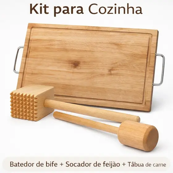Kit Cozinha Madeira Completo Tábua de Carne + Batedor de Bife + Socador de Feijão Premium