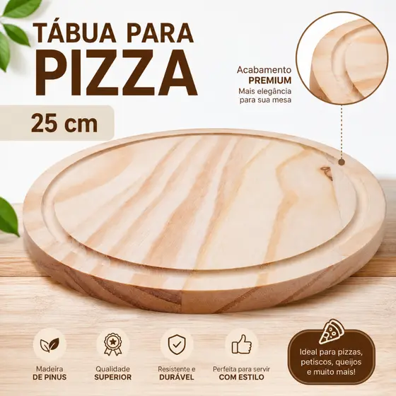 Tábua Redonda 25x25 para Frios Pizza e Petiscos em Madeira Pinus com Canaletas Mesa Para Servir