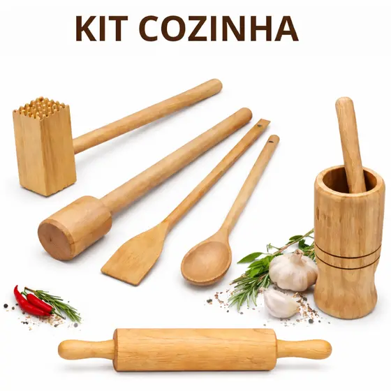 KIT para Cozinha Completo 6UN Colhere de Pau e Pá, Pilão, Socador de Feijão, Rolo de Massa etc