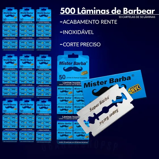 Lâmina De Barbear Mister Barba 10 Cartelas Com 50 Lâminas